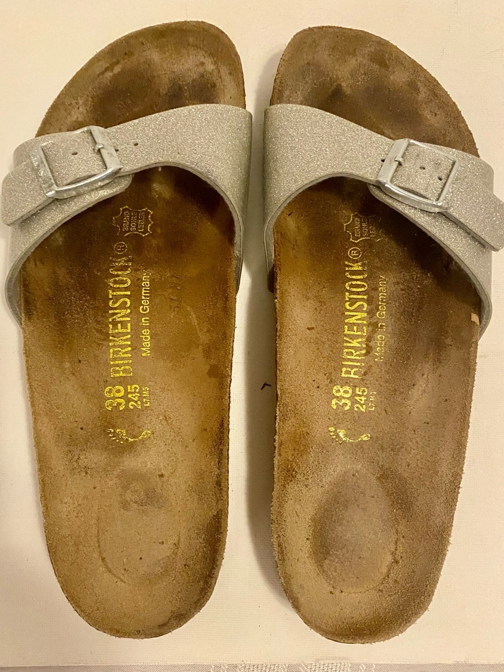 Birkenstock Single‑Strap Sandals in Sparkling Silver, size 38